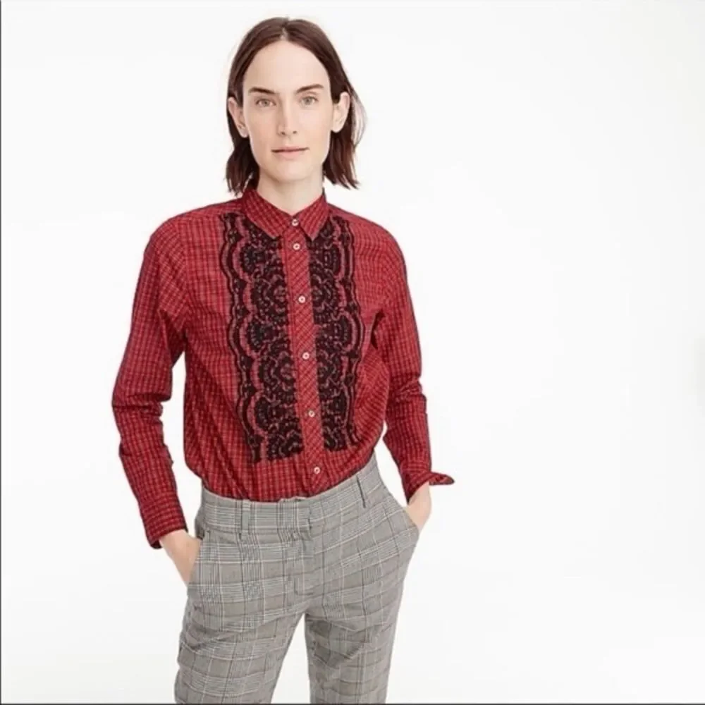 J. Crew Red and Black Plaid Shirt with Beaded Embroidery Size 8